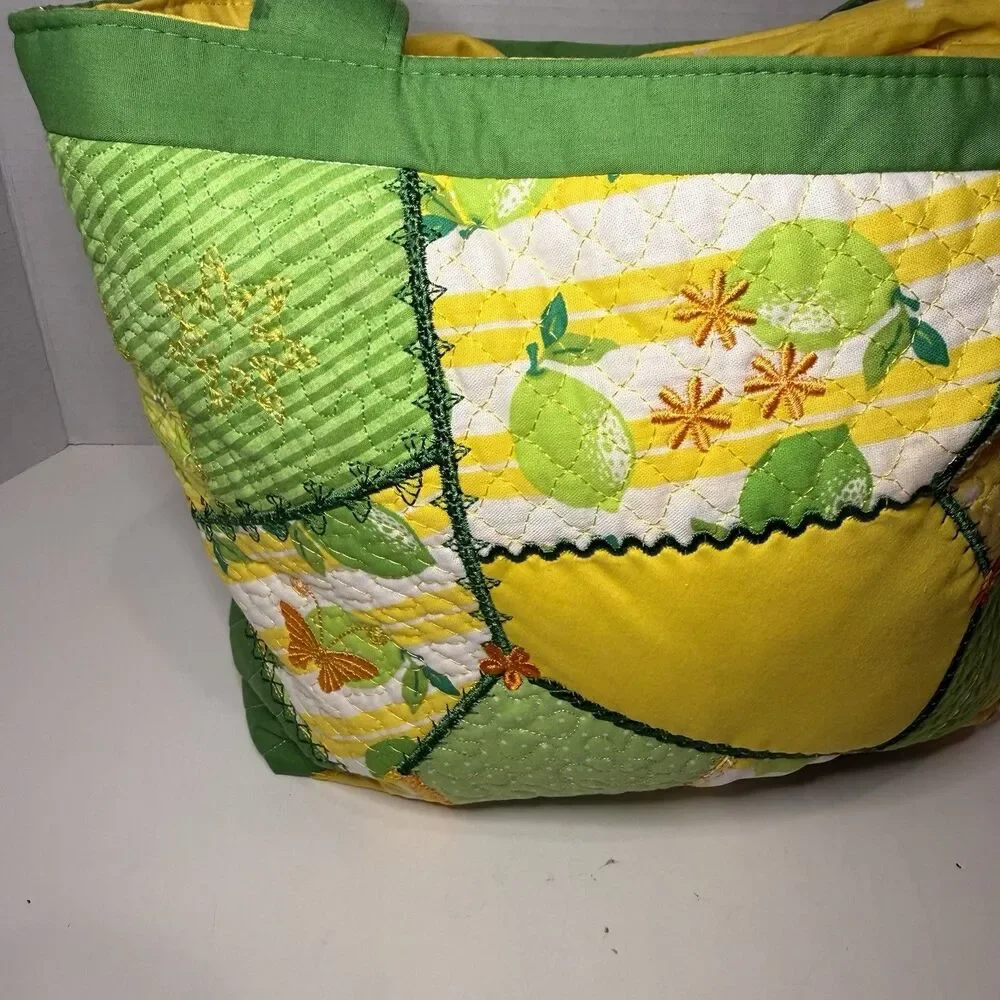 Handmade Quilted Lemon Patchwork Tote Bag Cottagecore Farmer Market Shoulder Bag